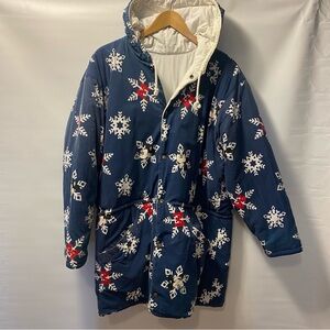 Sz L- Women Disney Reversible Mickey Snowflake Patterned Blue Winter Coat
